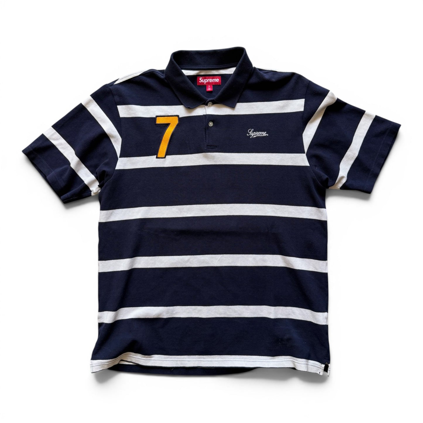 Supreme Cursive Polo Navy Stripe