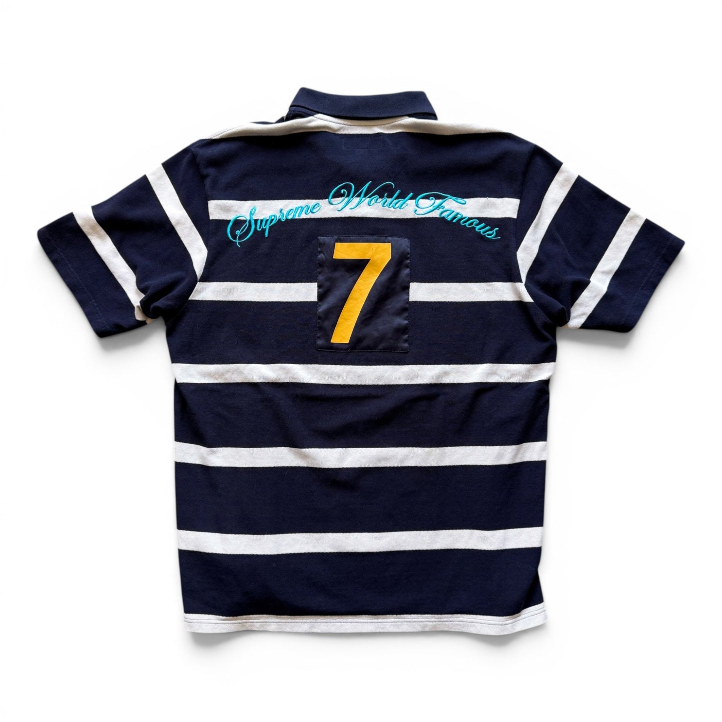 Supreme Cursive Polo Navy Stripe