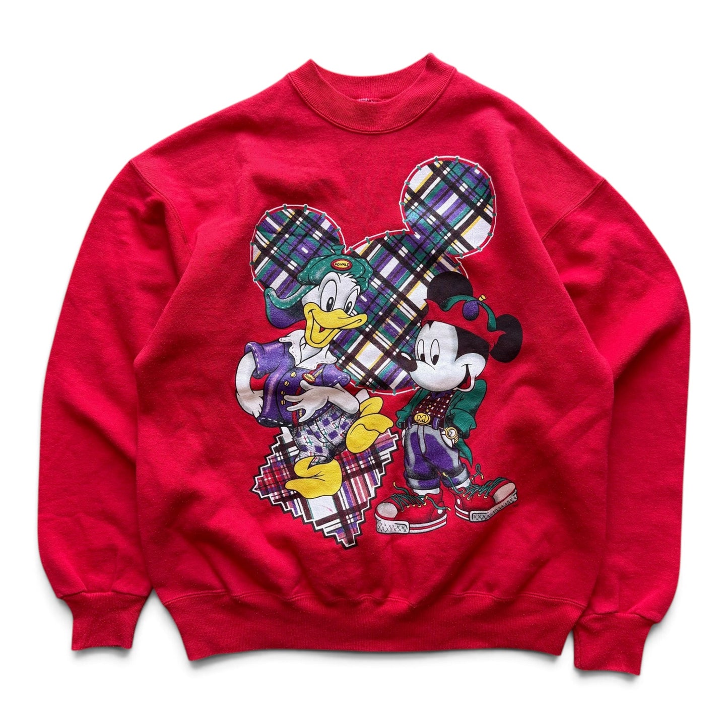 90's Disney Mickey & Donald Plaid Crewneck Red